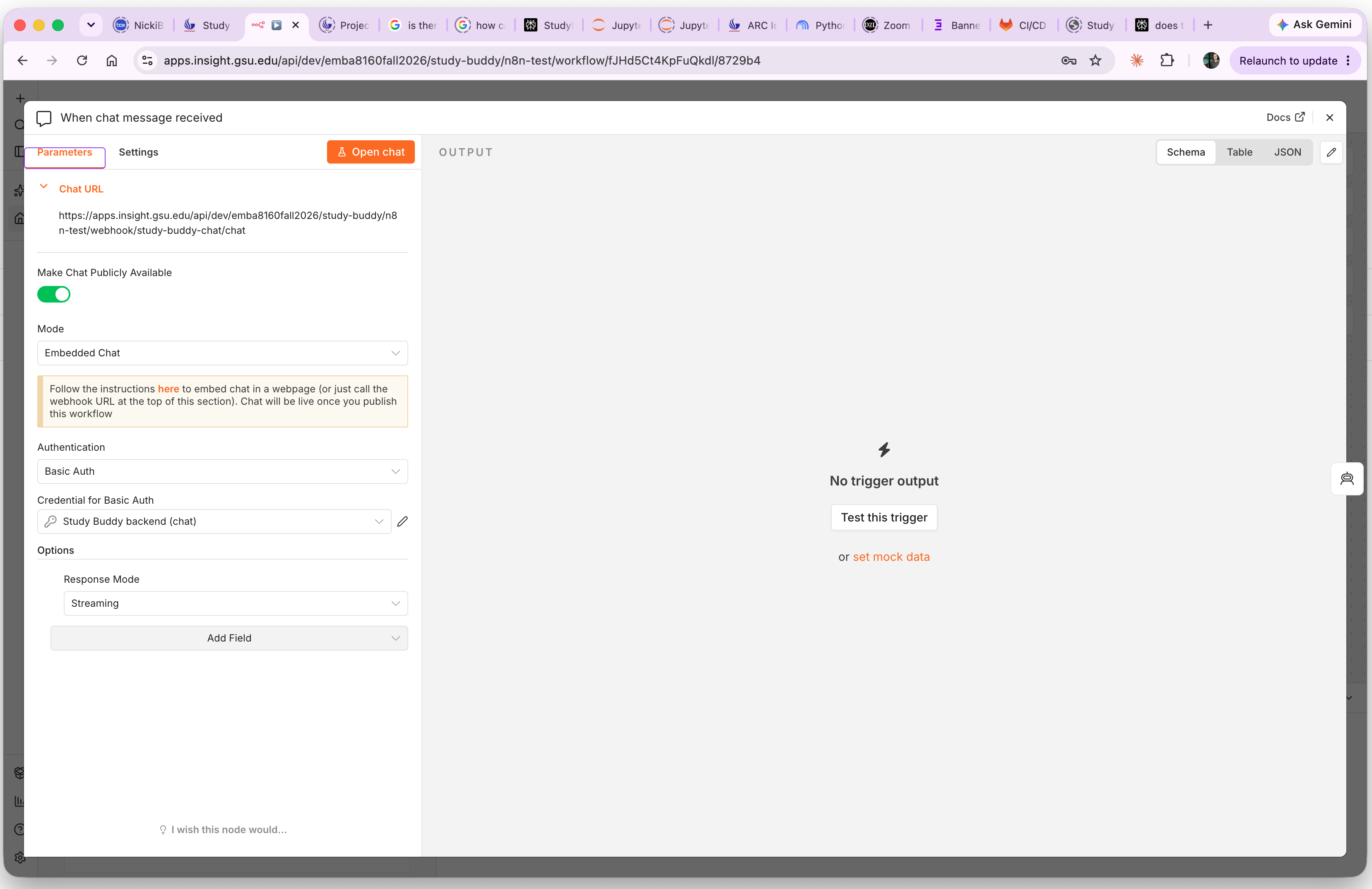 The 'When chat message received' trigger node, configured as a publicly available embedded chat with basic authentication and streaming responses