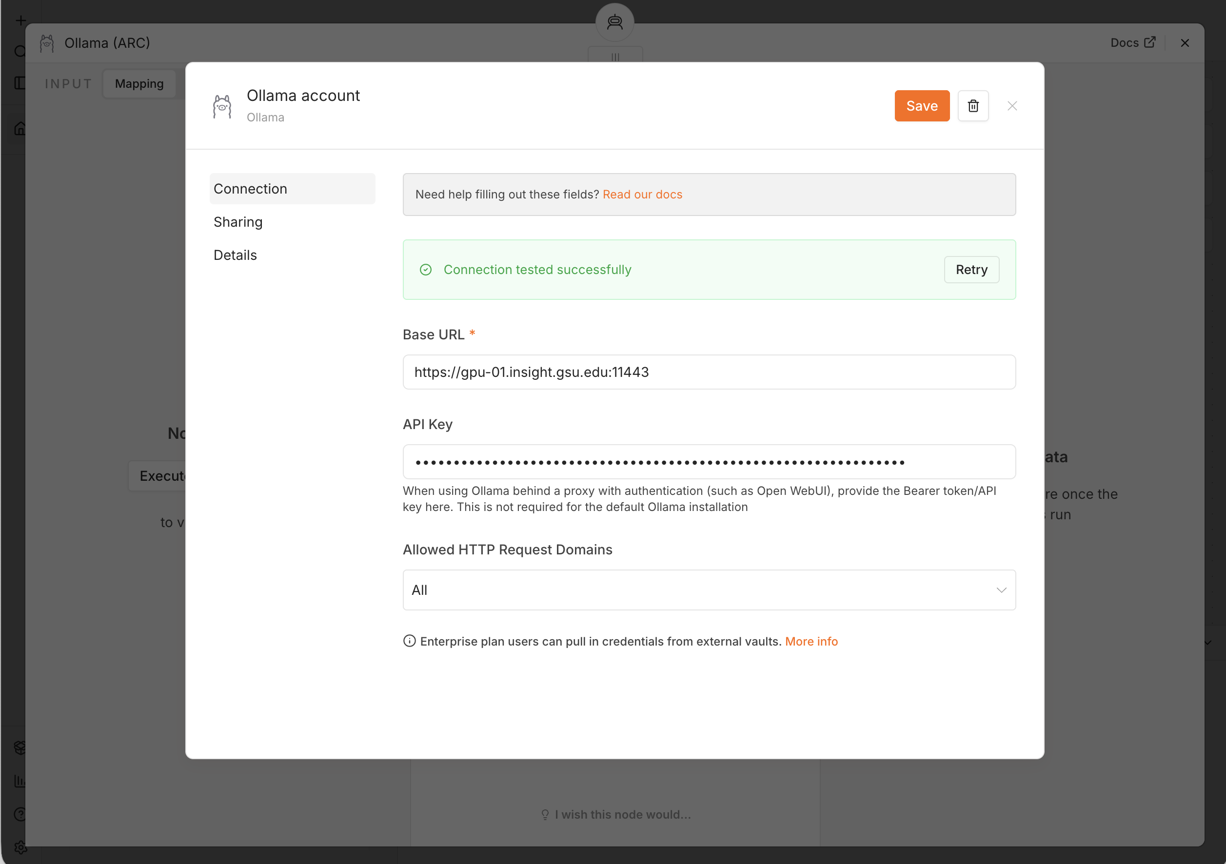 The Ollama account credential dialog, showing the Base URL and API Key fields and a green 'Connection tested successfully' banner