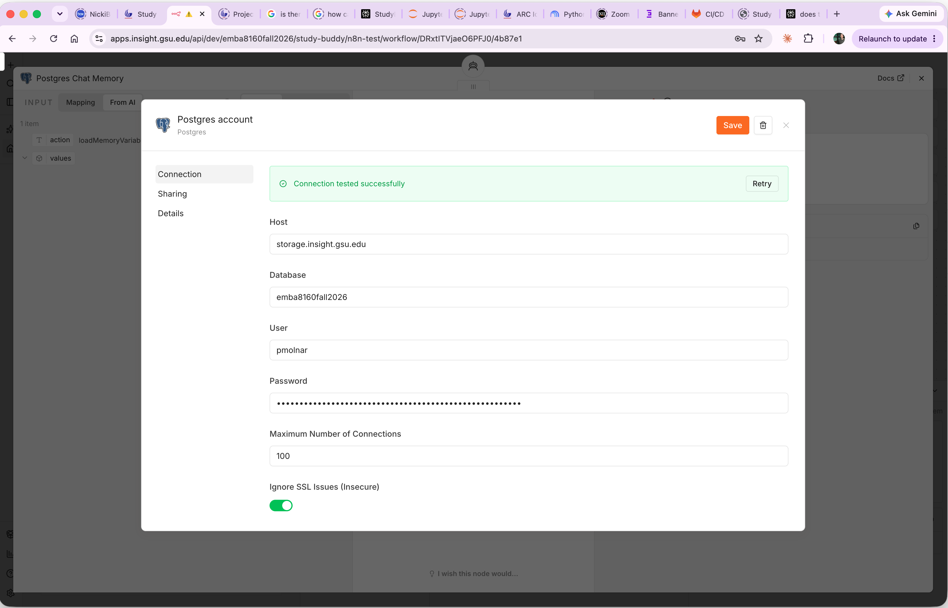 The Postgres account credential dialog showing host, database, user and password fields with a green 'Connection tested successfully' banner