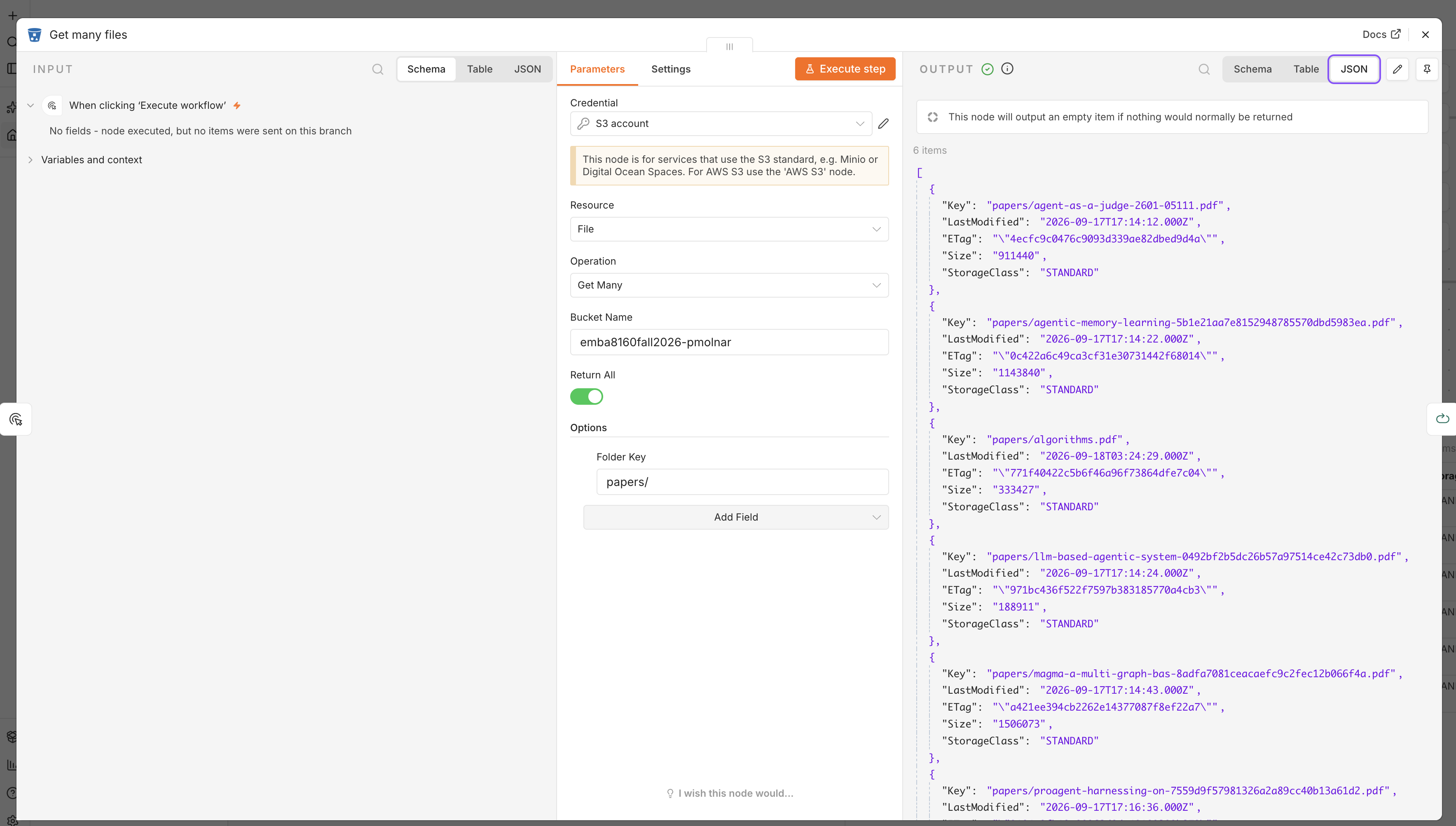 An S3 'Get many files' node configured with a bucket name and folder key, with the output panel listing six PDF files