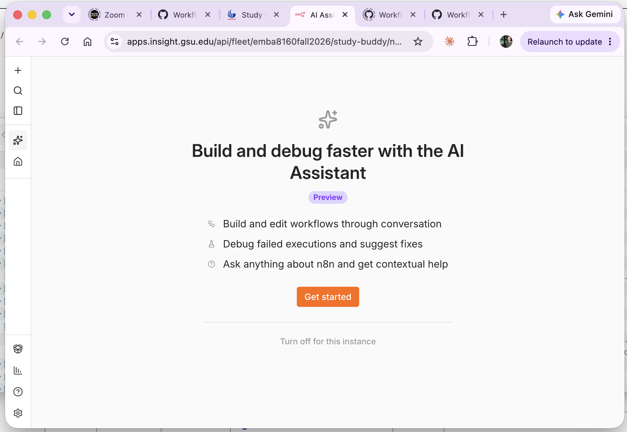 The n8n AI Assistant welcome screen, with a 'Turn off for this instance' link below the Get started button