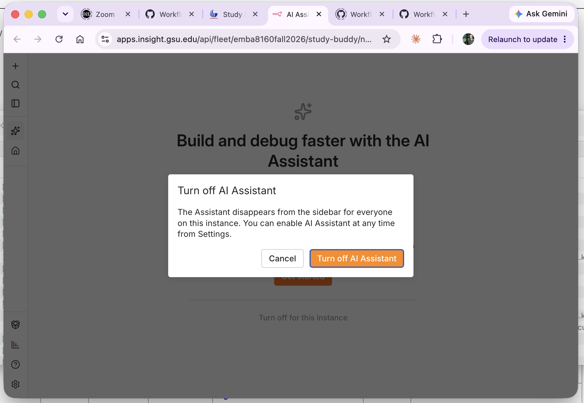 The 'Turn off AI Assistant' confirmation dialog