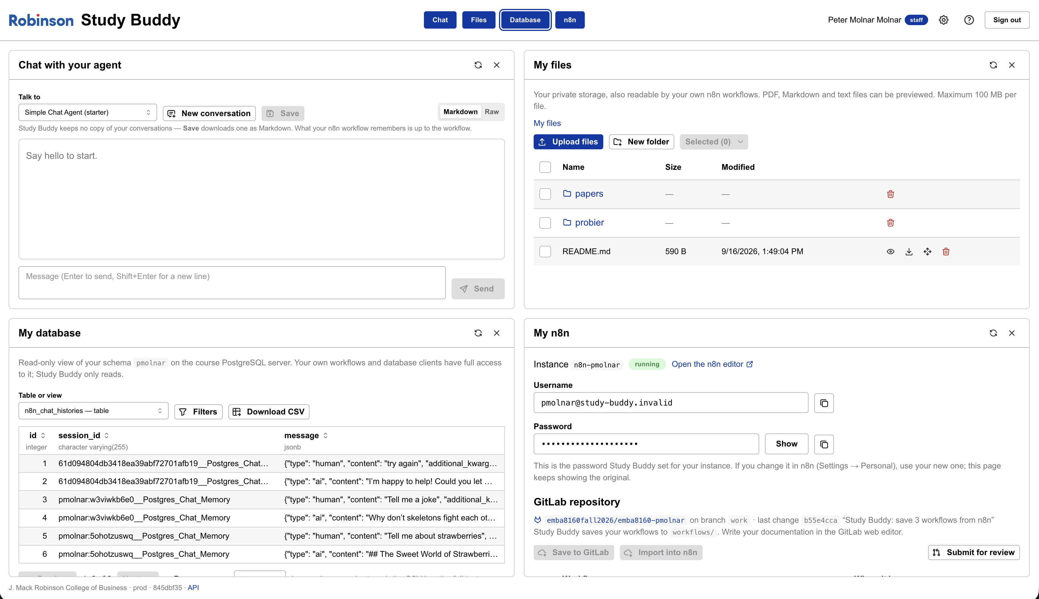 Study Buddy's four panels: chat, forms, files and tables