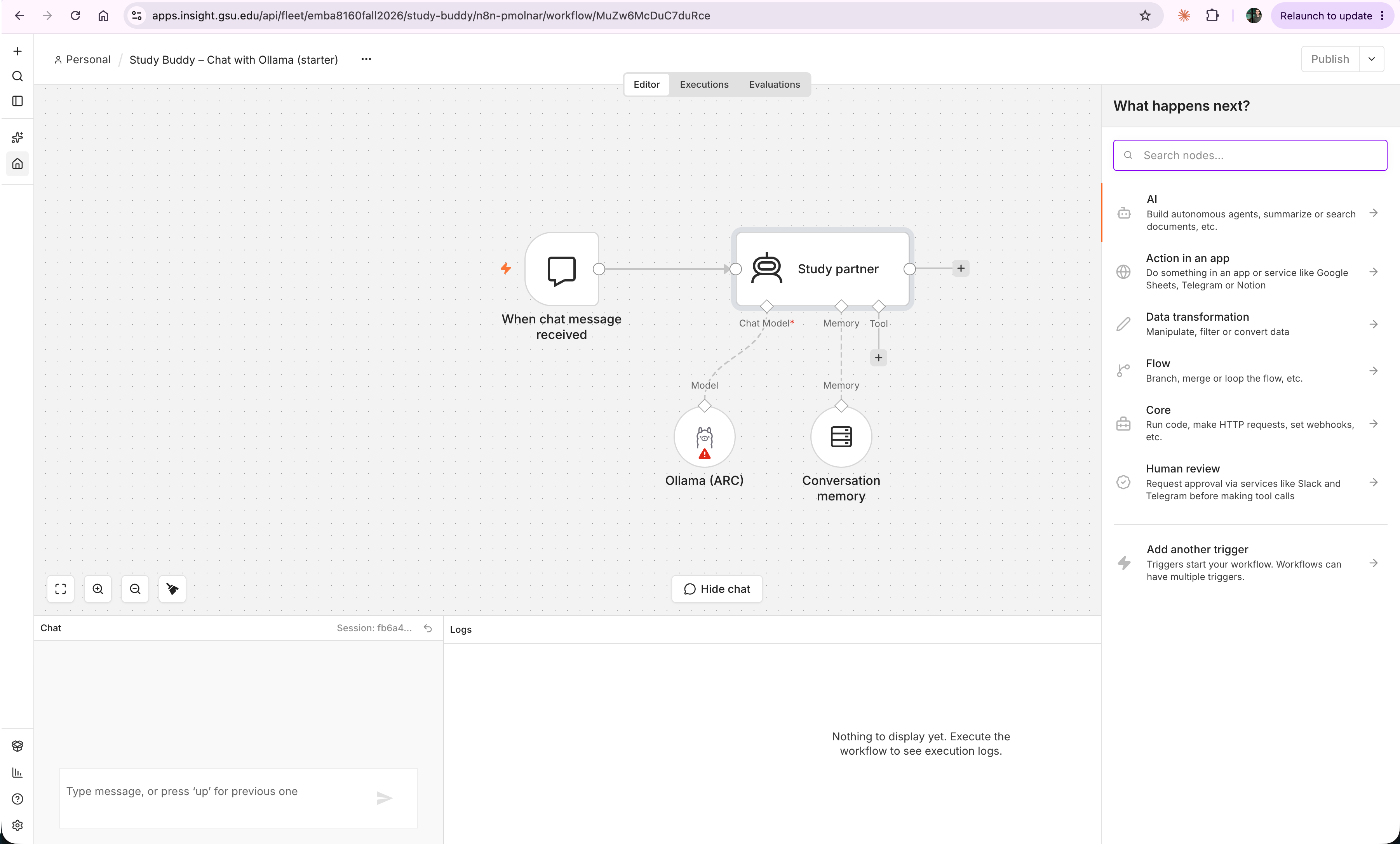 An agentic workflow open in the n8n editor